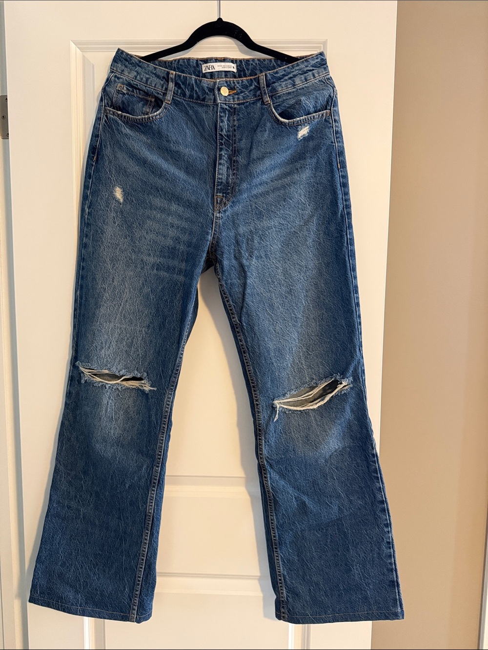 Zara Dark Blue Distressed Wide-Leg Jeans